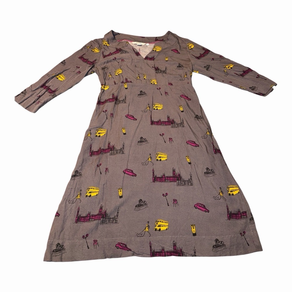Boden London Scene Print Gray Ones Length Gray Dress Size 8 Viscose Whimsical - Picture 1 of 8